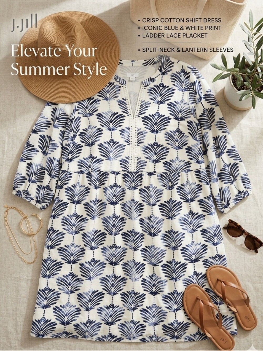 J. Jill Blue White Palm Leaf Print Shift Dress 3/4 Sleeve Split Neck Boho Size M